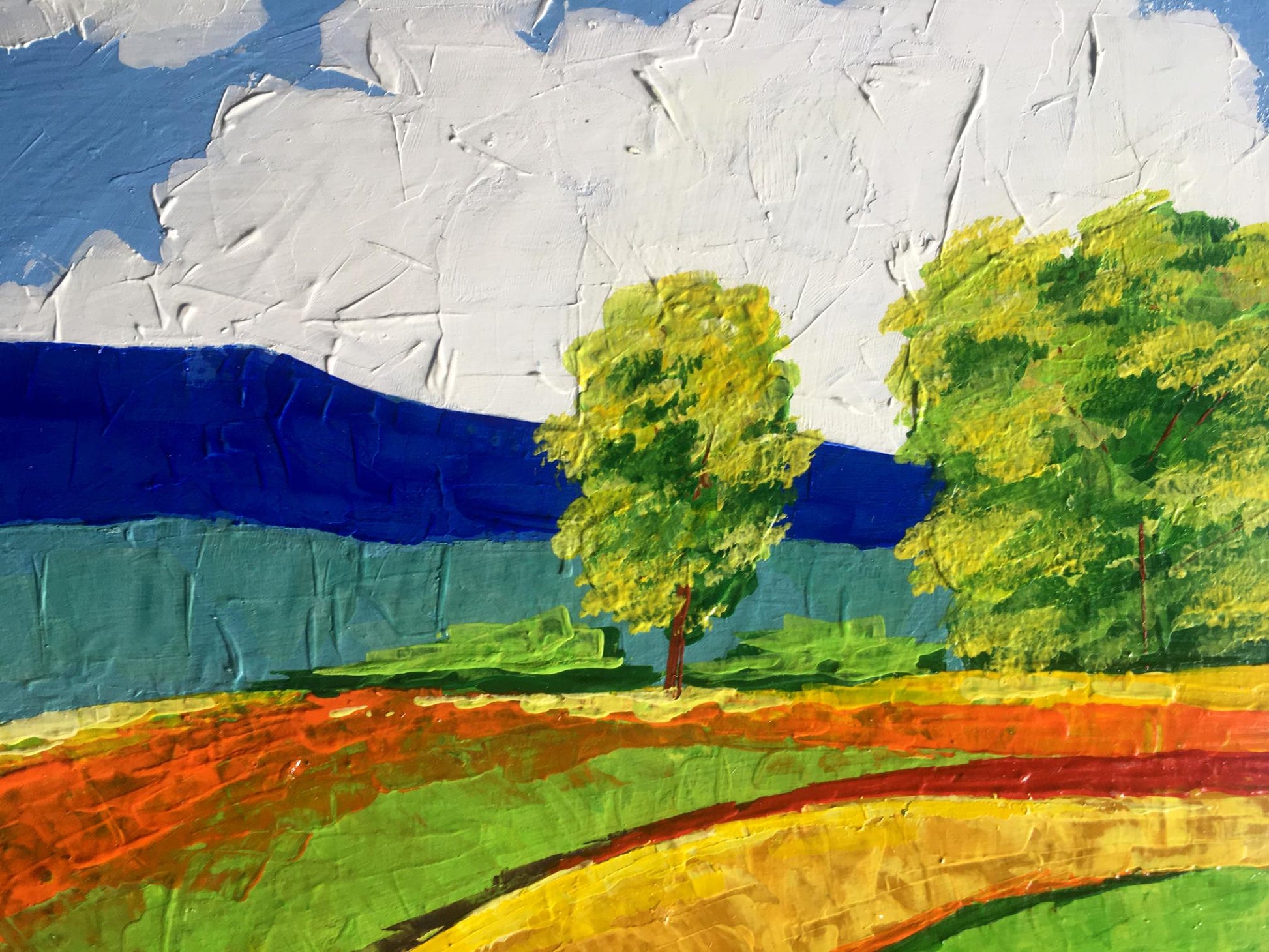 Oil painting Way home by Zadorozhnya V. V. with green trees blue hills clouds
