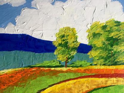 Oil painting Way home by Zadorozhnya V. V. with green trees blue hills clouds
