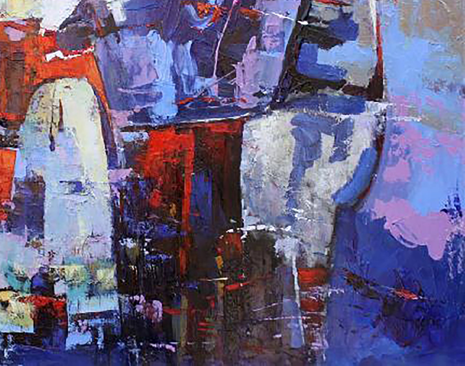 Oil painting Evening Rendezvous by Valentina Alekseevna Kozyar, abstract blue red white strokes
