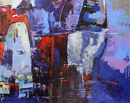 Oil painting Evening Rendezvous by Valentina Alekseevna Kozyar, abstract blue red white strokes