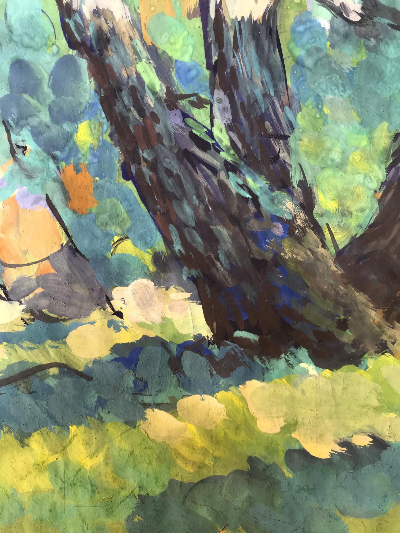 Oil painting by Alexander Arkadievich Litvinov: textured tree trunk in vibrant meadow foliage