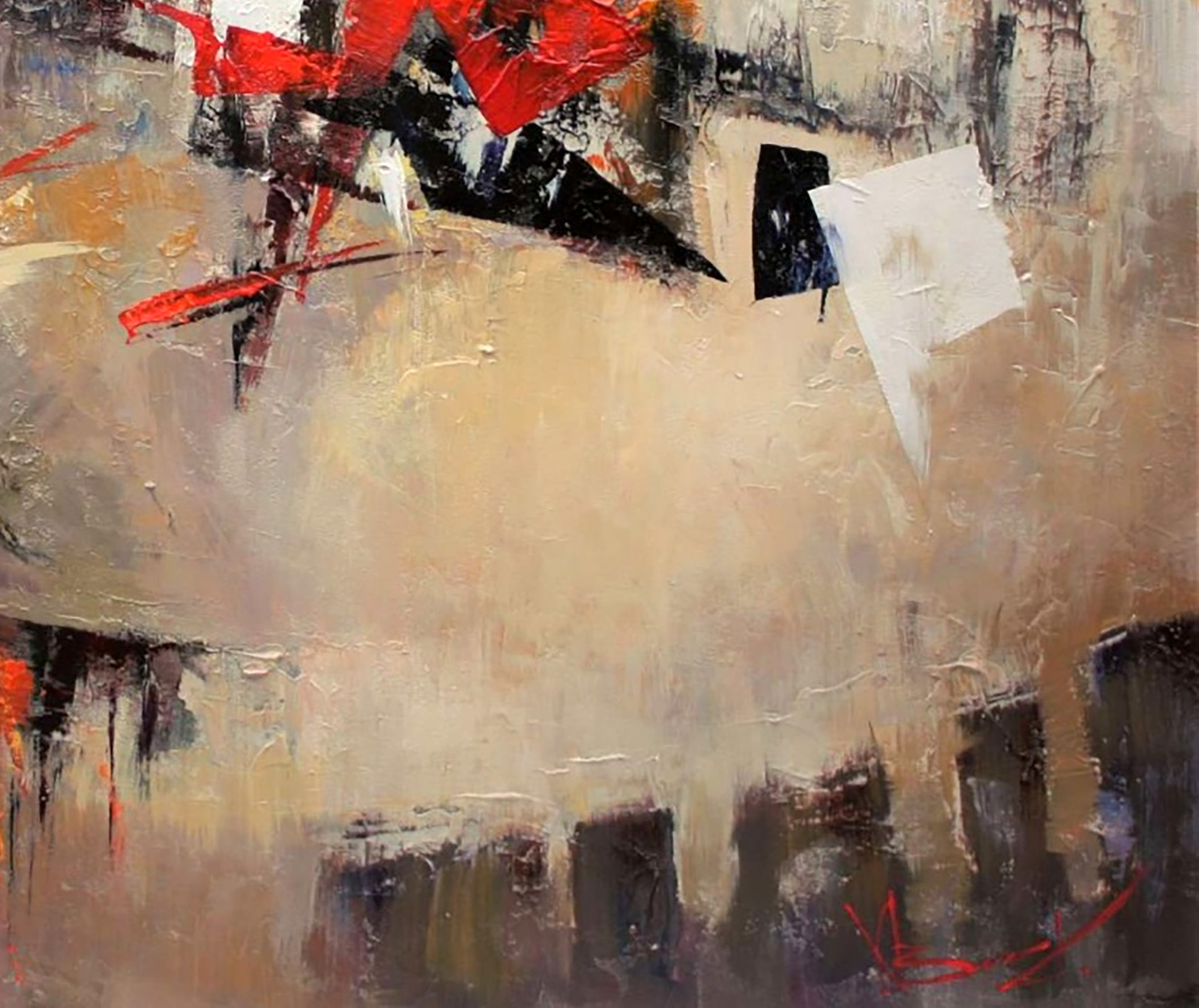 Oil painting New Arena by Valentina Alekseevna Kozyar, bold red black white strokes on beige canvas