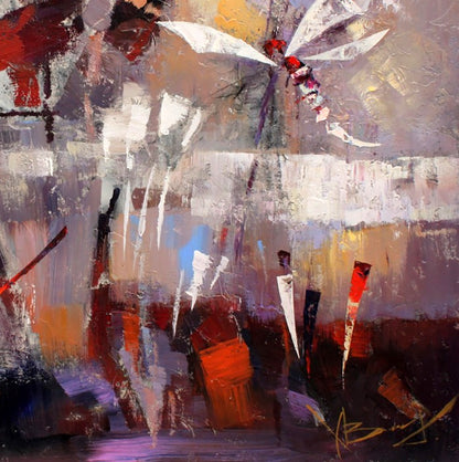 Oil painting Dragonfly by Valentina Alekseevna Kozyar with bold white, red, purple strokes