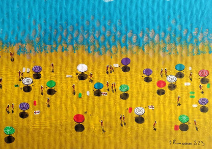 Vibrant acrylic beach painting by Elena Klimenko with colorful umbrellas