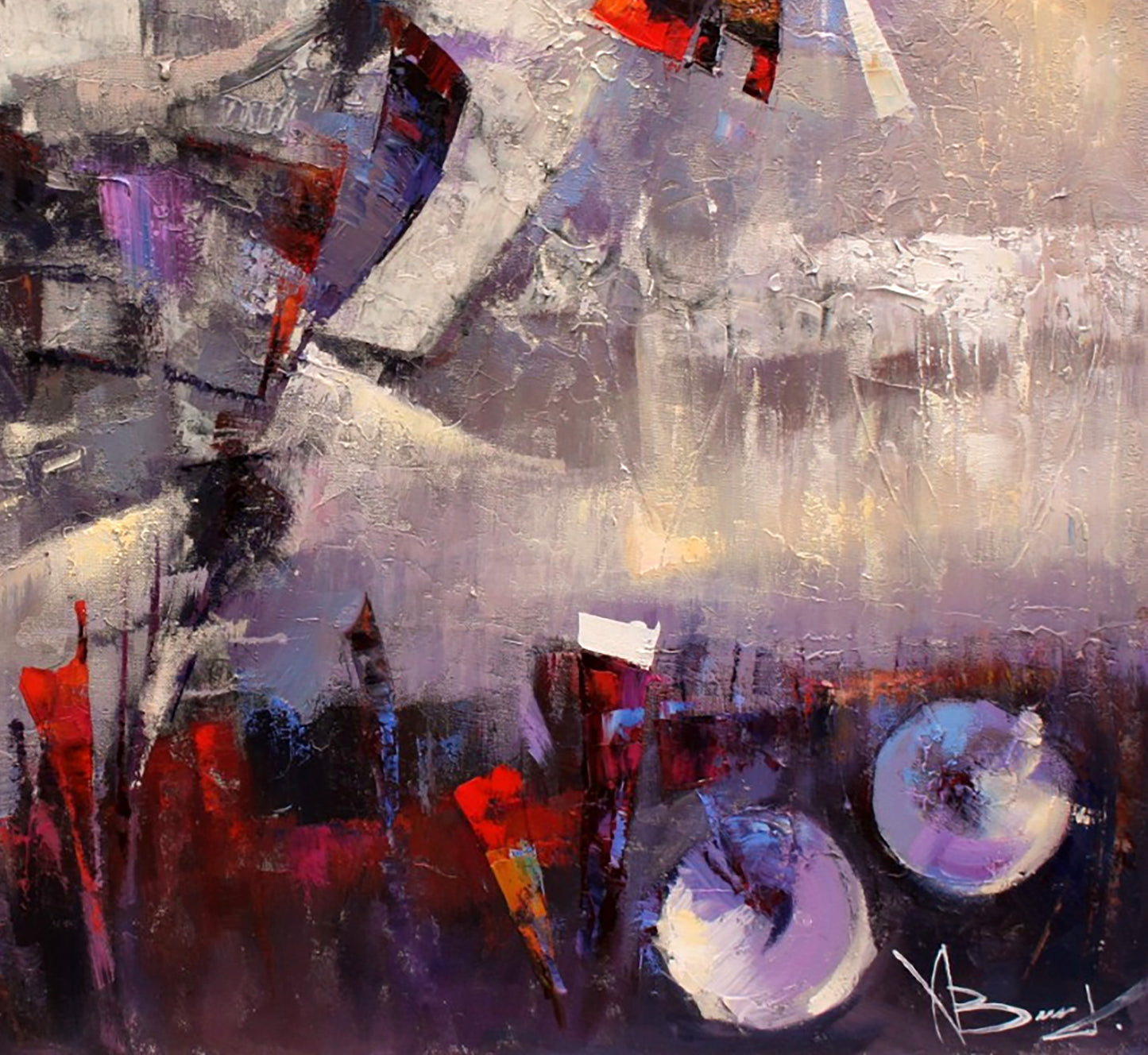 Oil painting Dawn by Valentina Alekseevna Kozyar: abstract gray, white, red, purple strokes