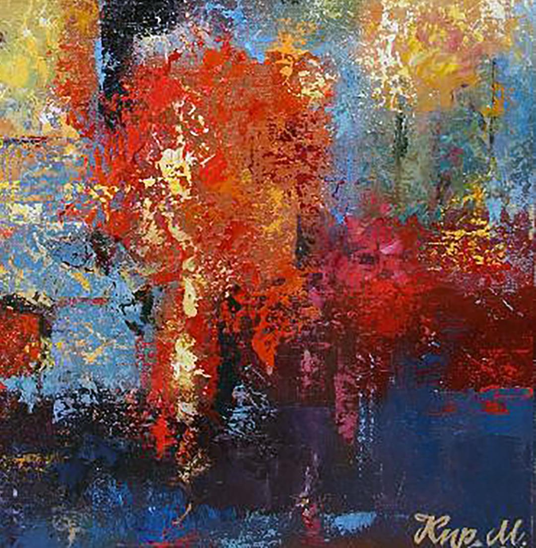 Vibrant oil painting Autumn morning by Kirilenko Mikhail with bold reds oranges blues