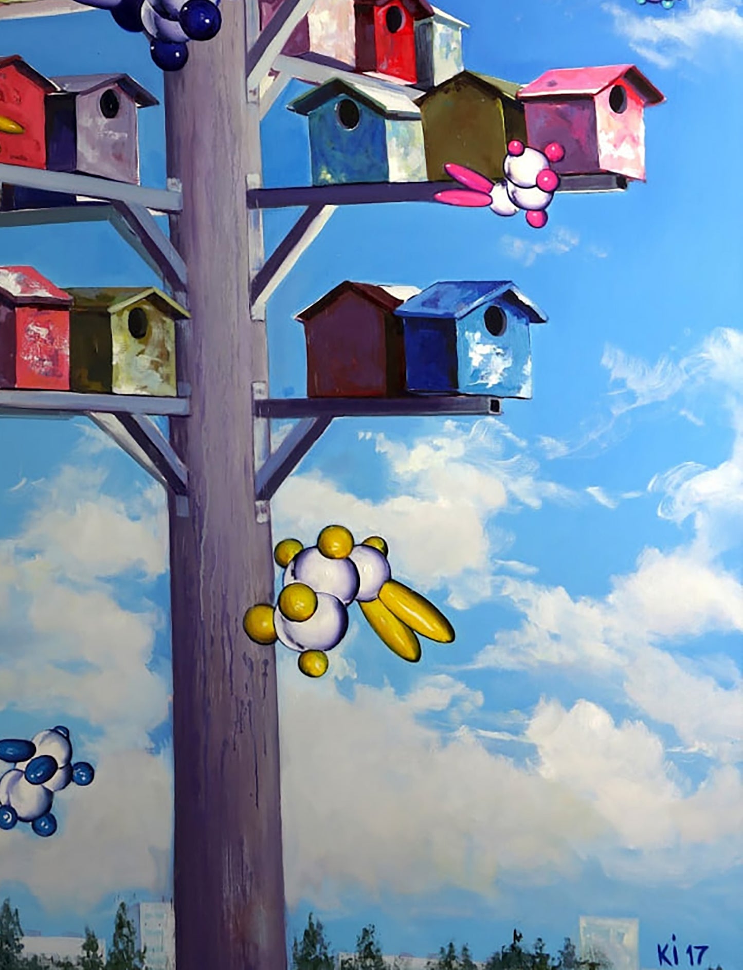 Oil painting Sacred station by Igor Konovalov with colorful birdhouses