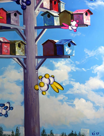 Oil painting Sacred station by Igor Konovalov with colorful birdhouses