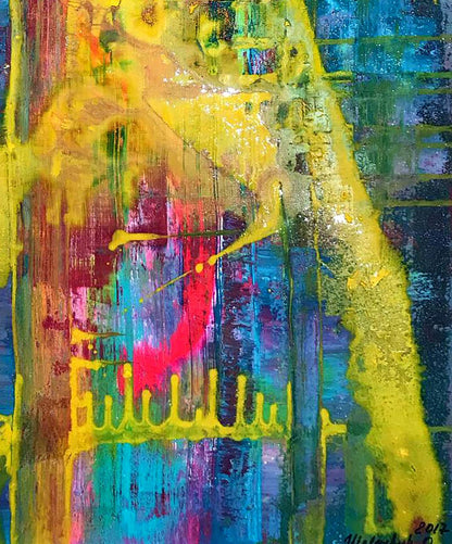Vibrant acrylic painting Apples on the Table by Melezhik Olga in yellow, blue, pink