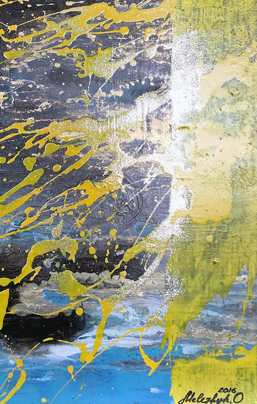 Abstract Shine by Melezhik Olga: yellow, blue, black splashes with white texture