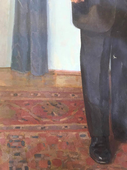 Oil painting of Karl Marx in dark gray shiny trousers on red rug