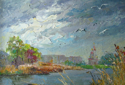 Oil painting Gulls over the river by Serdyuk Boris Petrovich, autumn riverside scene