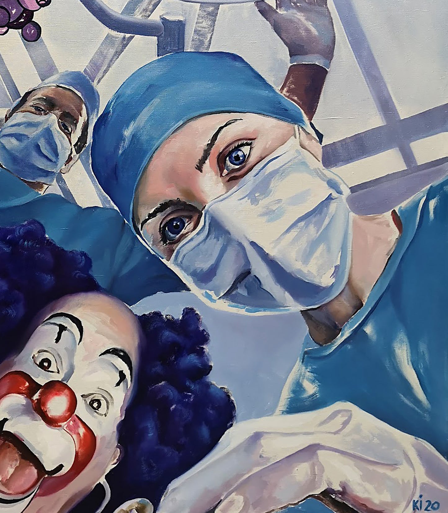Vibrant Igor Konovalov oil painting of surgeons and clown in scrubs