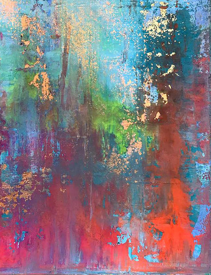 Abstract Blooming Field acrylic painting by Melezhik Olga, teal red green streaks