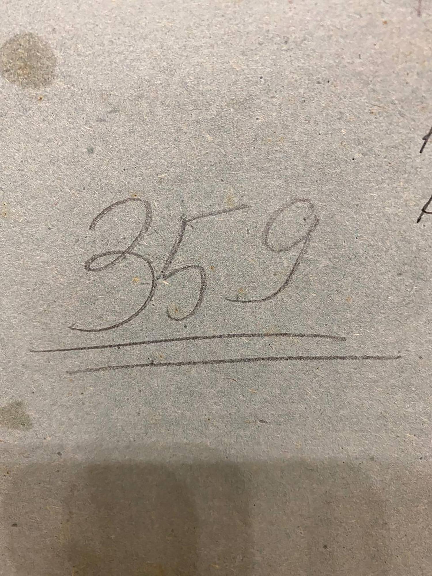 Handwritten 359 in dark ink on back of oil painting Early winter