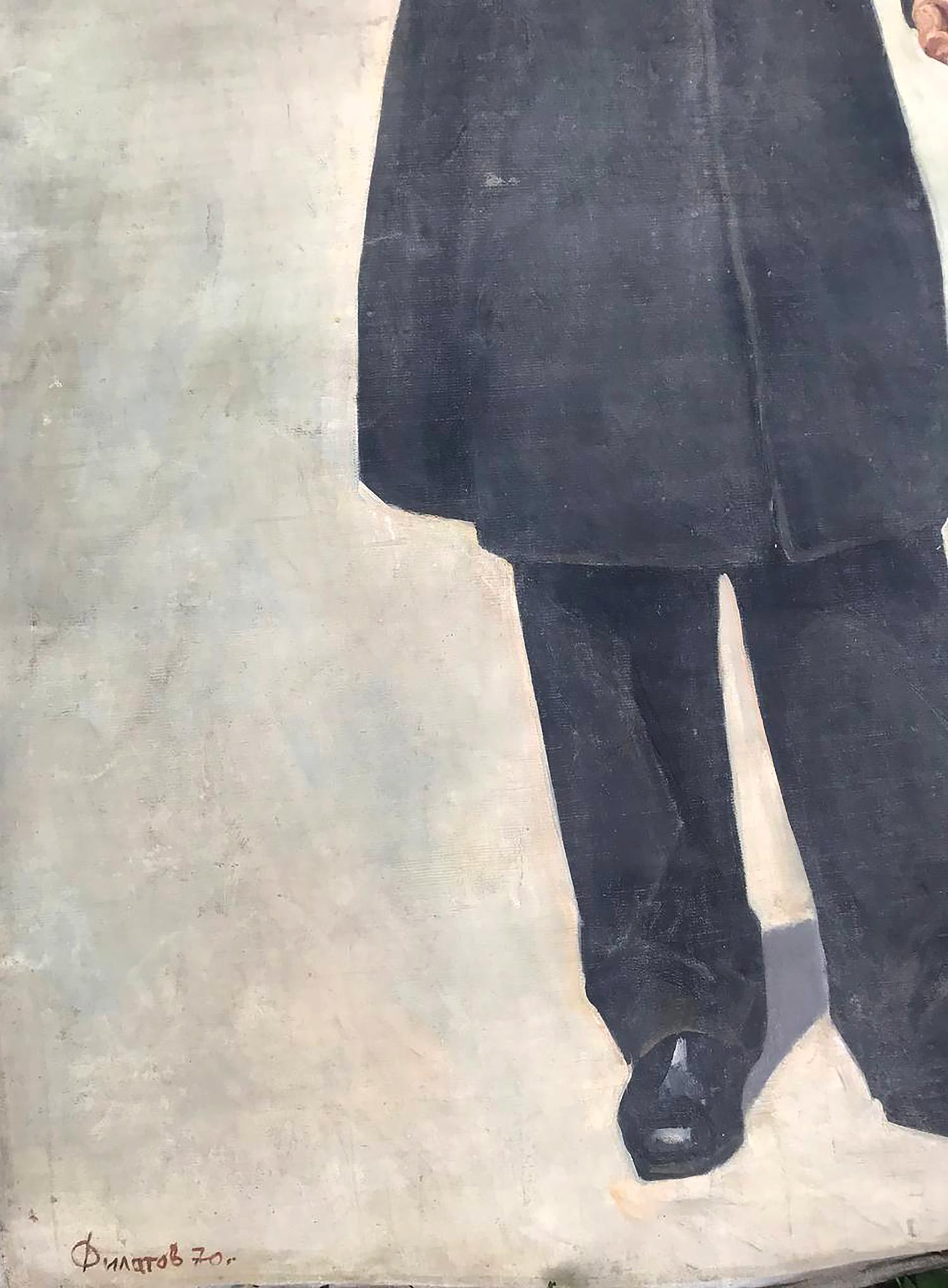 Dark textured coat with sheen and trousers in Karl Marx oil painting by Filatov