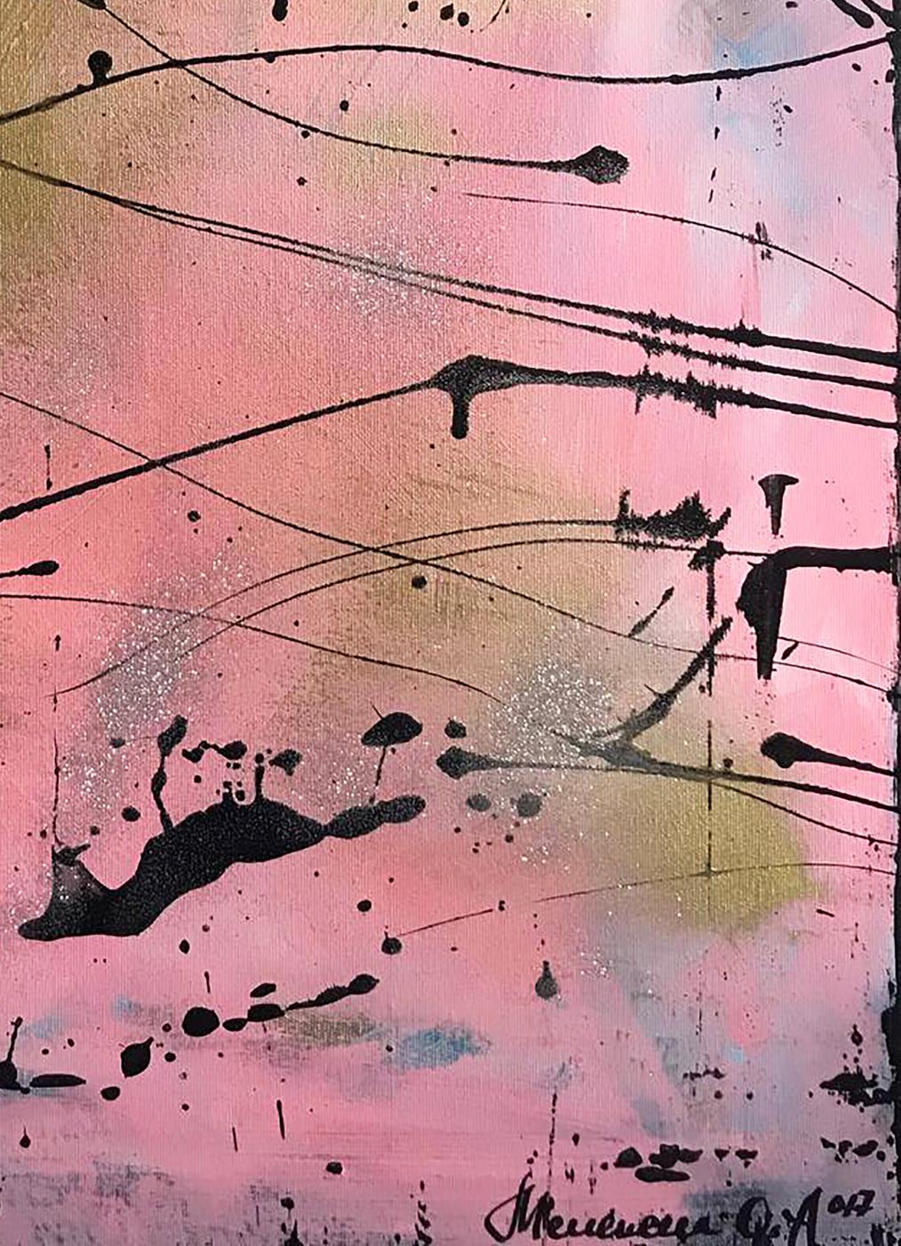 Pink and gold abstract acrylic painting Tenderness by Olga Melezhik with black ink splatters