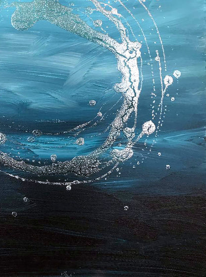 Acrylic necklace by Olga Melezhik: white silver paint splash on blue textured canvas