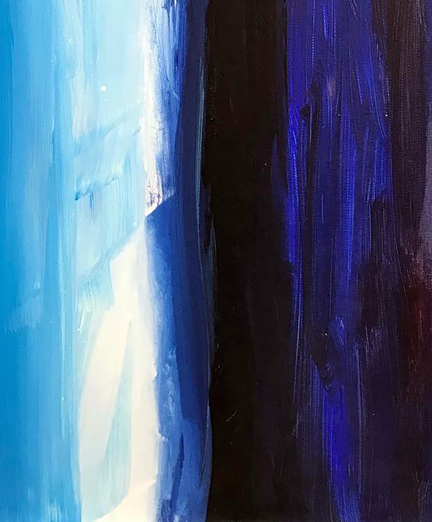 Waterfall abstract painting with bold vertical blue, navy, white brushstrokes