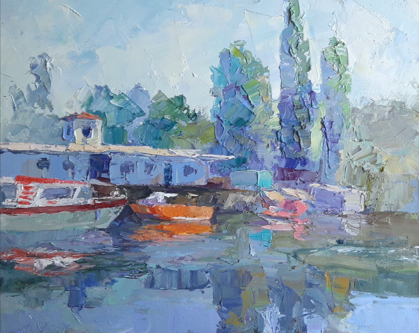 Vibrant impressionist custom landscape painting of river boats and trees