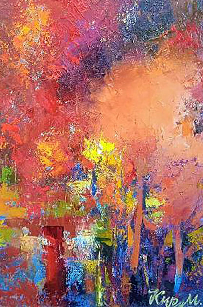 Vibrant Autumn Kirilenko Mikhail oil painting with bold red, orange, yellow, blue strokes
