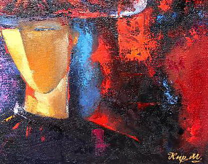 Oil painting Evening Kirilenko Mikhail with bold red blue yellow strokes on dark background
