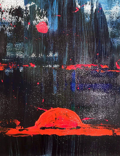 Acrylic painting Magic Night by Melezhik Olga with bold blue-black drips and red accents