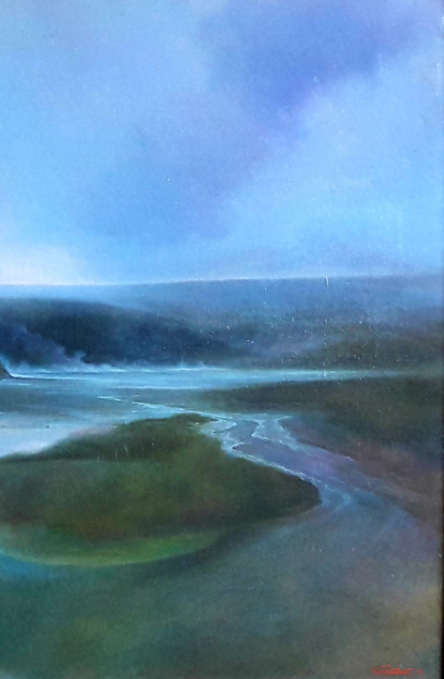 Serene blue-toned Oil painting freshet by Korkishko Vasily with winding river