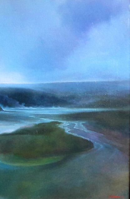 Serene blue-toned Oil painting freshet by Korkishko Vasily with winding river