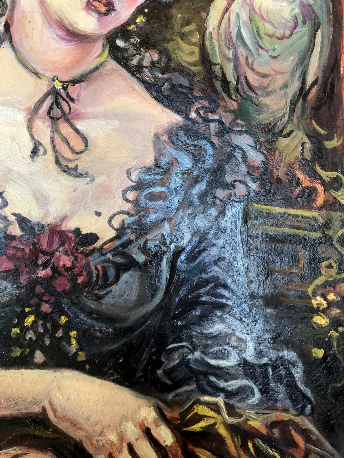 Oil painting portrait of woman in blue floral gown with bird by Alexander Litvinov