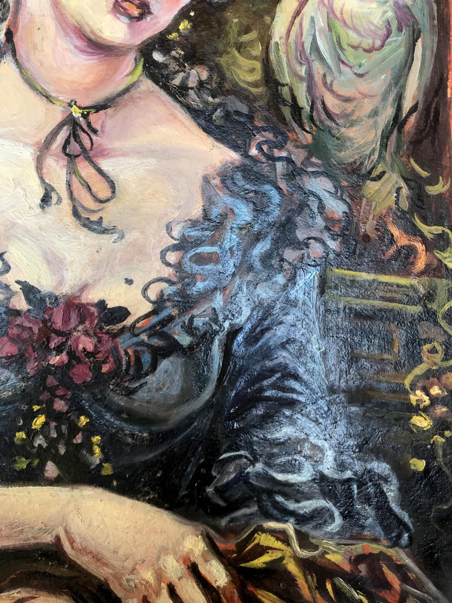 Oil painting portrait of woman in blue floral gown with bird by Alexander Litvinov