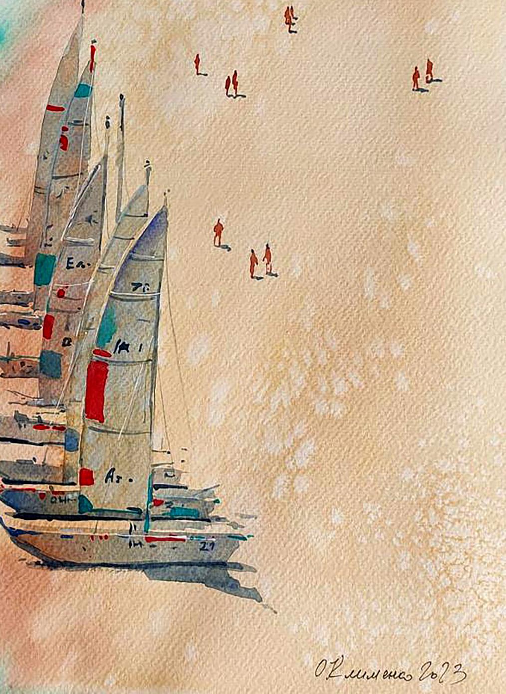 Watercolor painting of sailboats in sunny beach harbor by Elena Klimenko