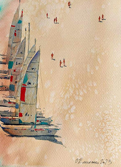 Watercolor painting of sailboats in sunny beach harbor by Elena Klimenko