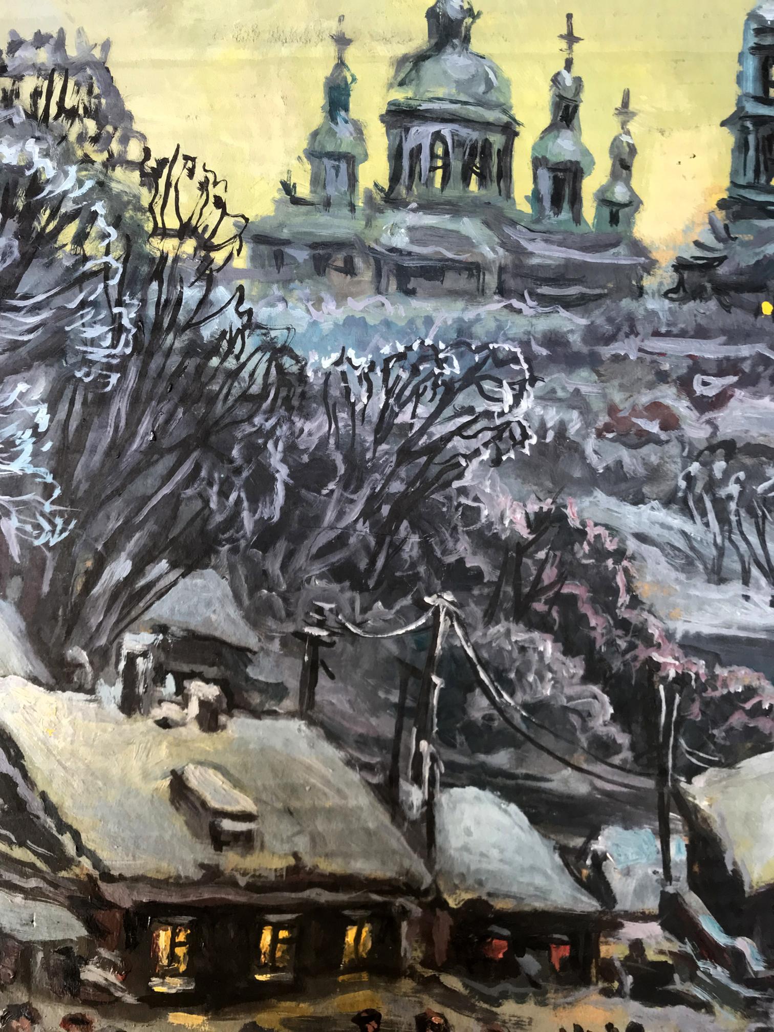 Snowy village rooftops with thatched roofs among winter trees, oil painting by Alexander Litvinov