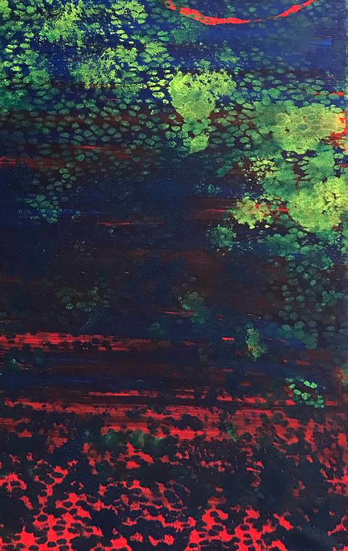 Abstract painting featuring vibrant green, red, and deep blue hues with textured brushstrokes.