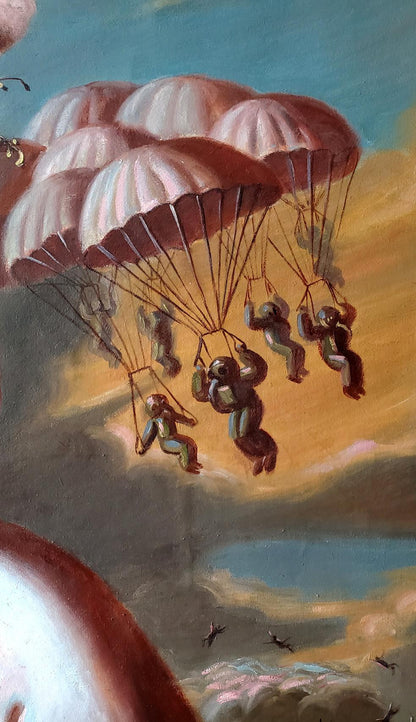 Oil painting by Litvinov Daniil Olegovich: pink parachutes descending