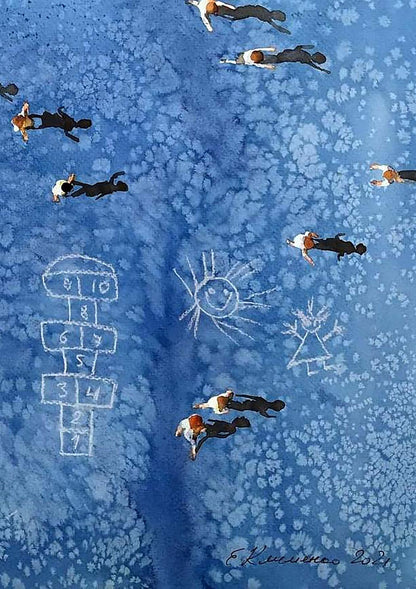 Whimsical watercolor hopscotch chalk drawing by Elena Klimenko, noisy yard