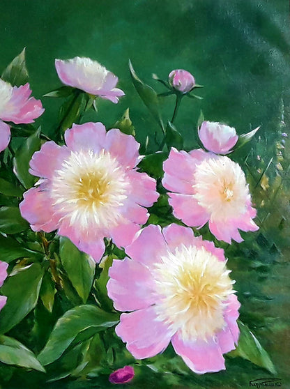 Vibrant oil painting of pink peonies by Korkishko Vasily on green background