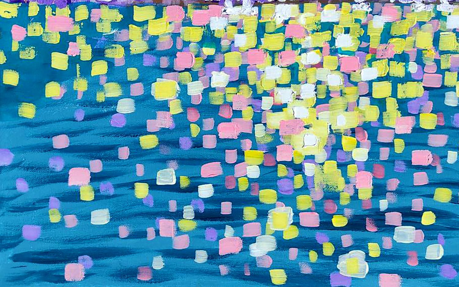 Vibrant Acrylic painting Cote d’Azur by Elena Klimenko, pastel squares on blue