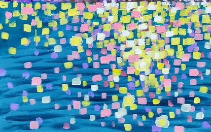 Vibrant Acrylic painting Cote d’Azur by Elena Klimenko, pastel squares on blue