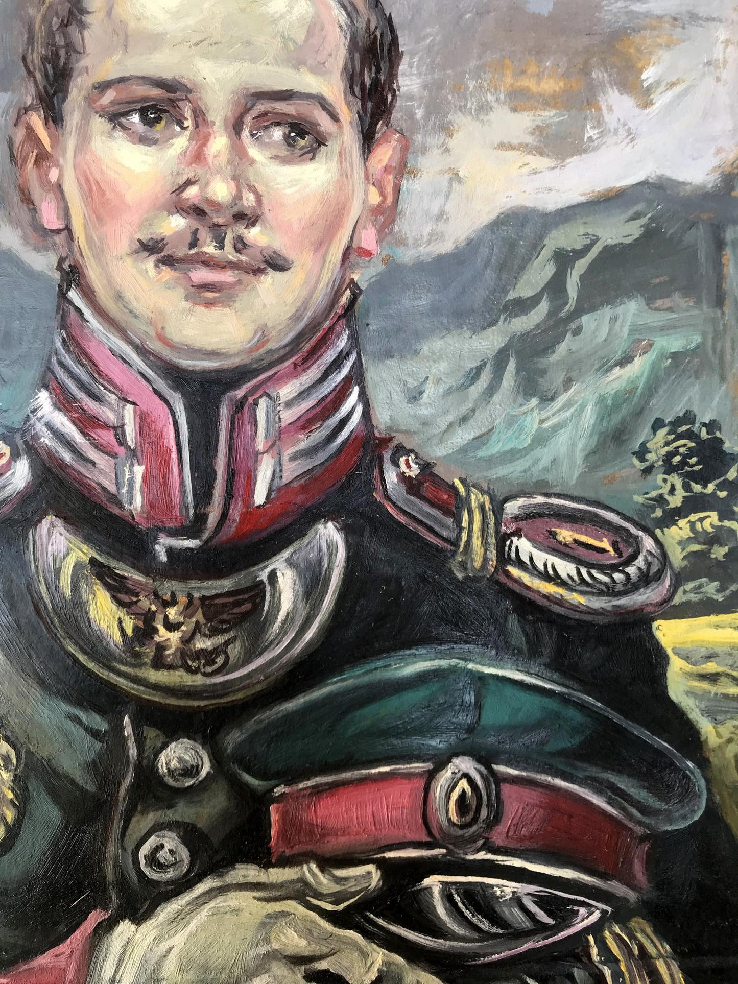 Oil painting of pensive officer Alexander Litvinov in ornate uniform