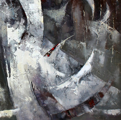 Oil painting Silver angel by Valentina Alekseevna Kozyar, abstract gray textured strokes with red accents