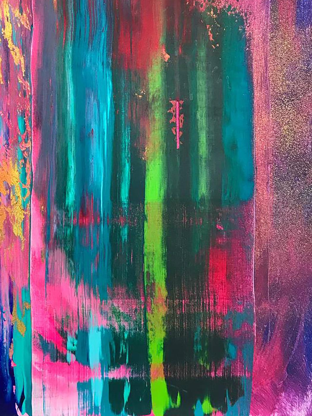 Vibrant abstract acrylic painting Pursuit by Melezhik Olga with teal magenta lime streaks