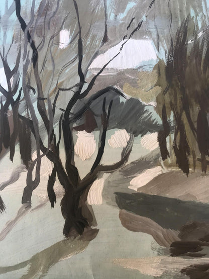 Oil painting Grandma returns in the evening by Alexander Litvinov, textured bare branches