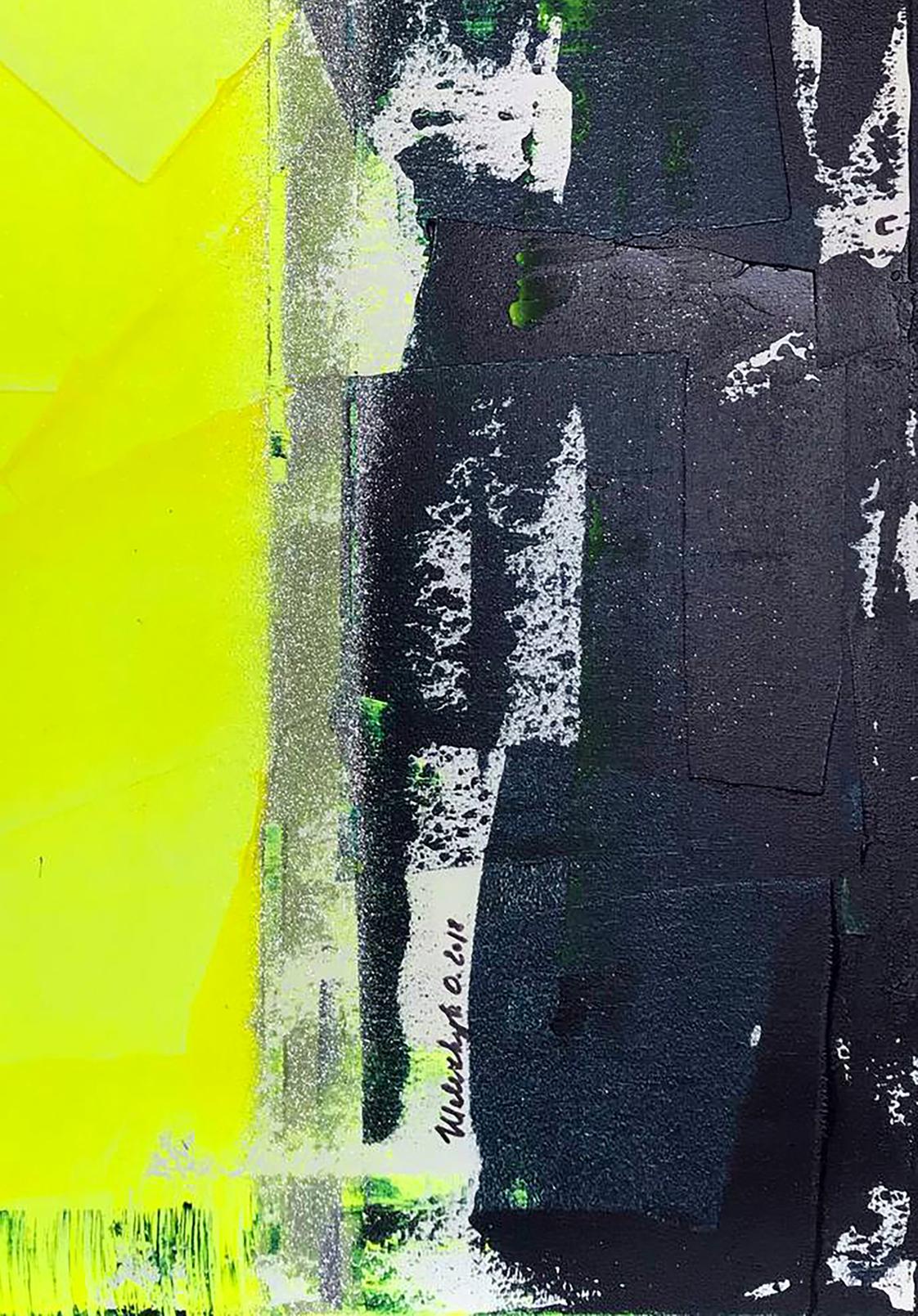 Vibrant Energy of Love acrylic painting by Melezhik Olga, yellow black white layers green accents