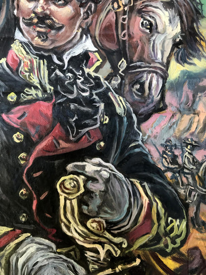Oil painting portrait of mustachioed officer and horse by Alexander Litvinov