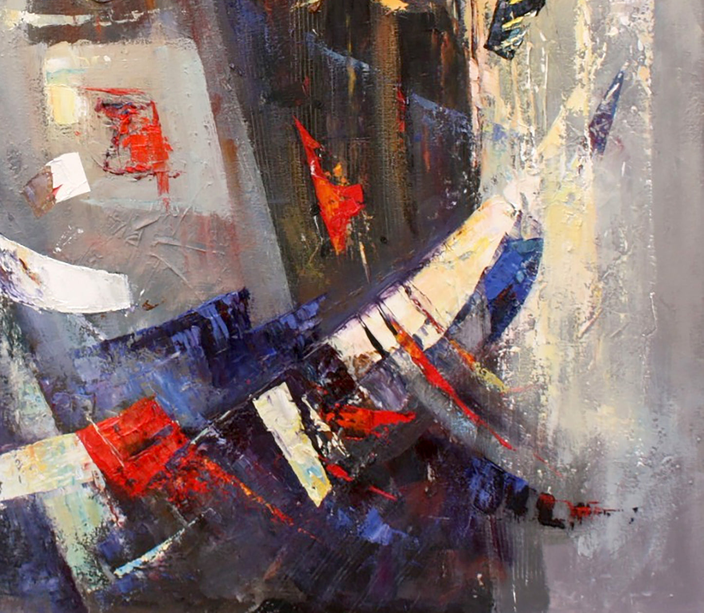 Oil painting Evening by Valentina Alekseevna Kozyar with bold red blue white strokes on gray