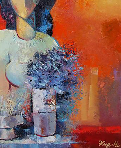Oil painting Warm morning by Kirilenko Mikhail with blue figure and purple flowers