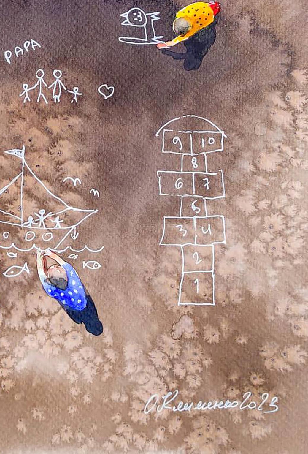 Watercolor Carefree Elena Klimenko child drawing hopscotch in polka-dot hat