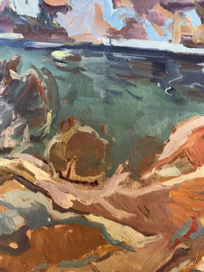 Oil painting Early winter by Alexander Arkadievich Litvinov, rocky turquoise shoreline